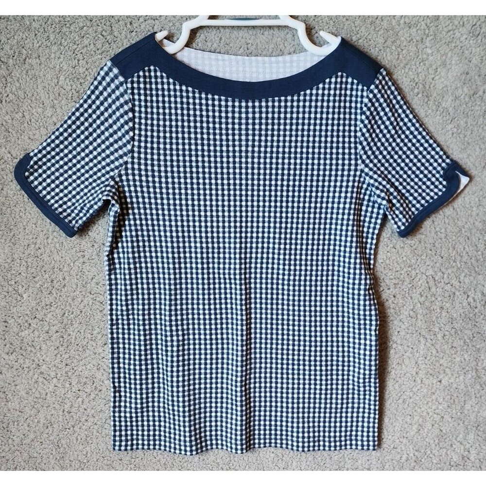 by Chicos Women's Short Sleeve Boat Neck Tee Shirt Top Blue Gingham Plaid Size M